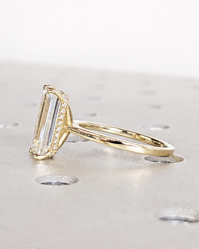 Hidden Halo 13X6 Elongated Emerald Cut Solitaire Engagement Ring, Emerald Cut Engagement Ring, 3 Ct Solid 14k Moissanite Engagement Ring