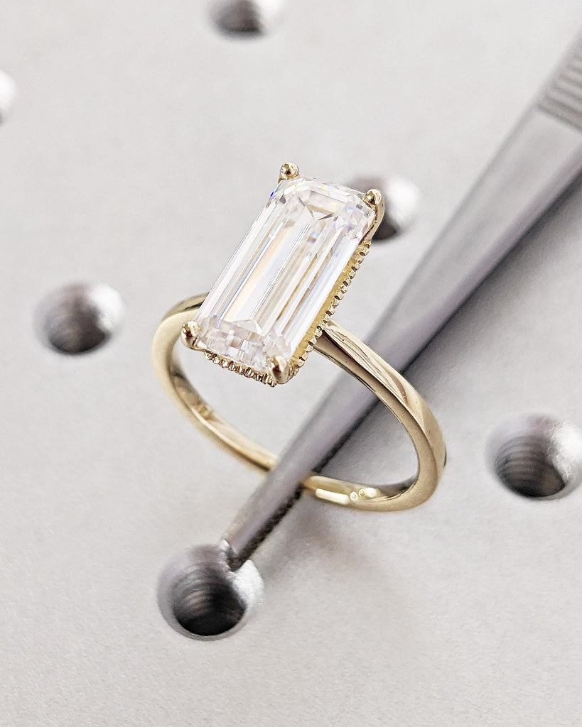 Hidden Halo 13X6 Elongated Emerald Cut Solitaire Engagement Ring, Emerald Cut Engagement Ring, 3 Ct Solid 14k Moissanite Engagement Ring