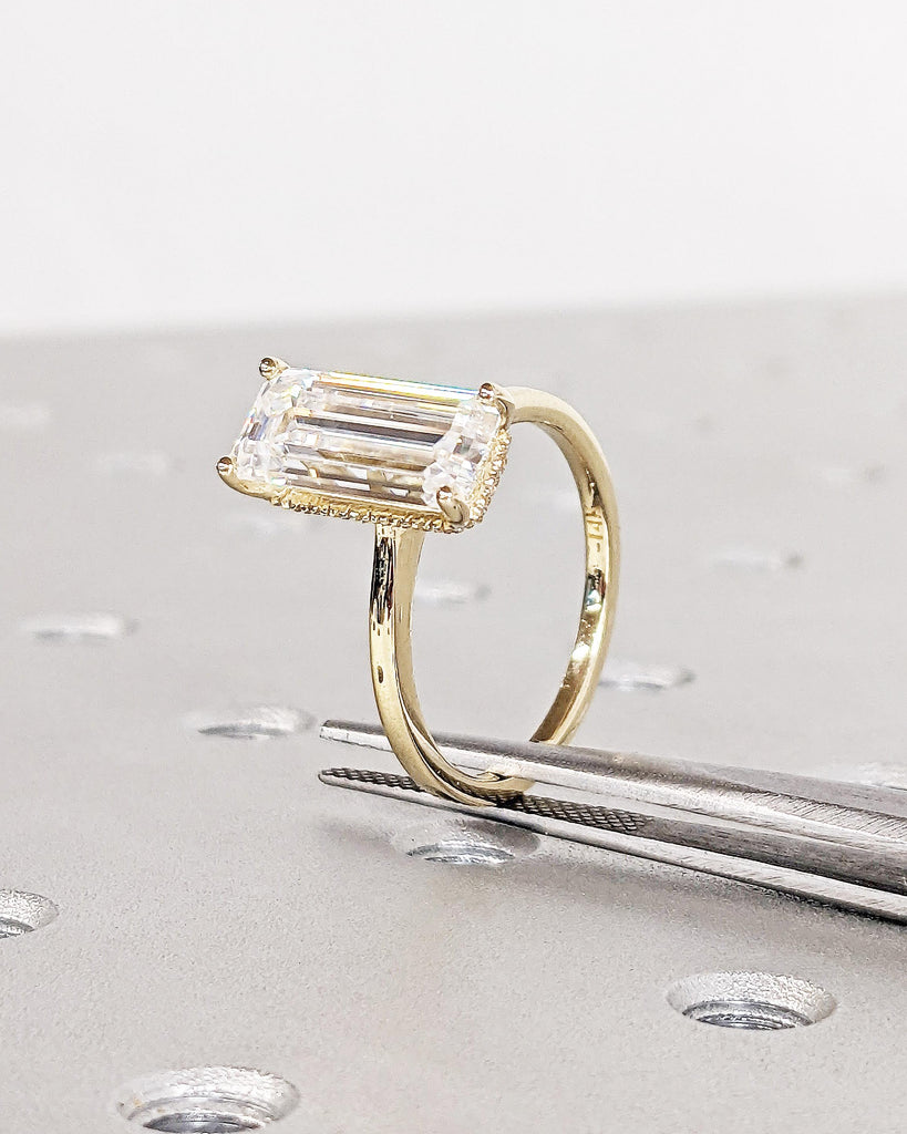 Hidden Halo 13X6 Elongated Emerald Cut Solitaire Engagement Ring, Emerald Cut Engagement Ring, 3 Ct Solid 14k Moissanite Engagement Ring