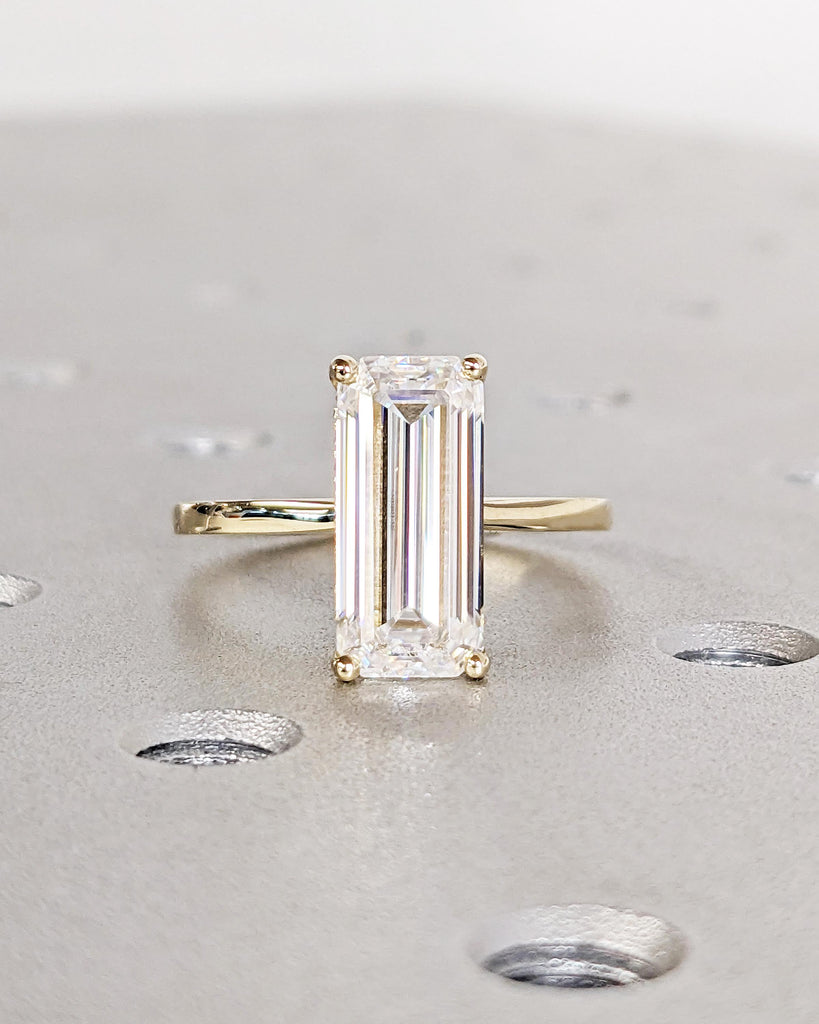 Hidden Halo 13X6 Elongated Emerald Cut Solitaire Engagement Ring, Emerald Cut Engagement Ring, 3 Ct Solid 14k Moissanite Engagement Ring