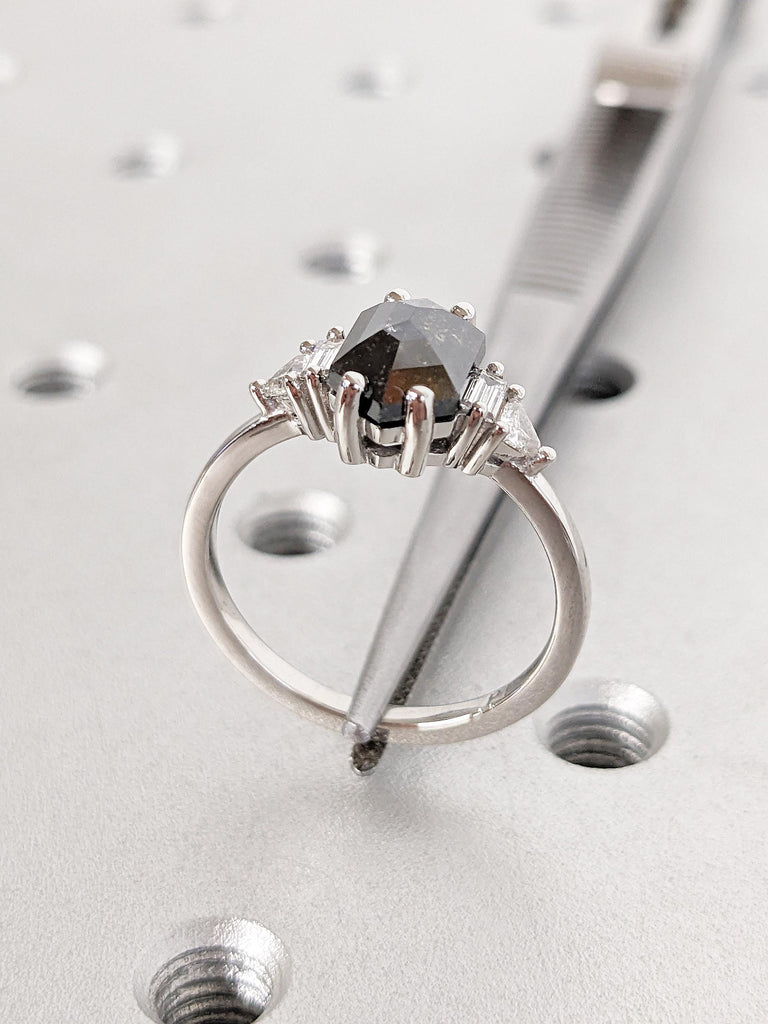Unique Platinum Promise Ring for Her | Vintage Salt and Pepper Diamond Ring | Hexagon Baguette Trillion Cut Ring | Art Deco Anniversary Ring