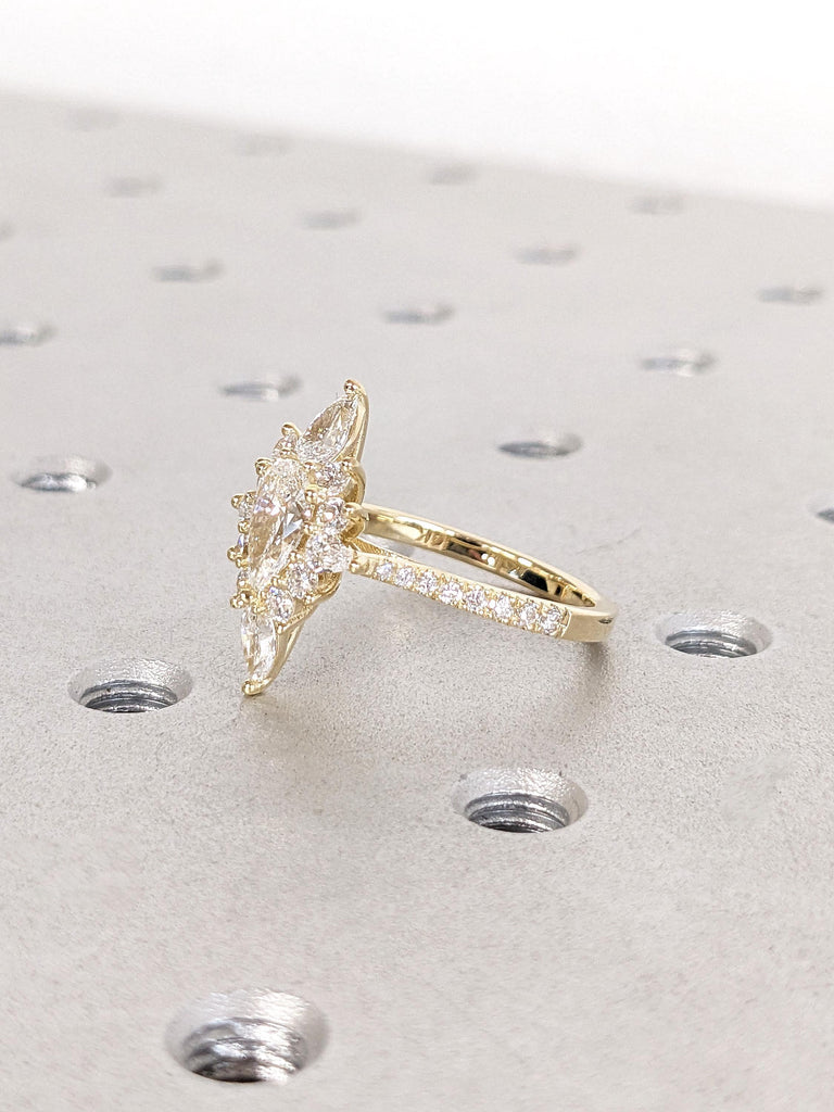 Vintage Pear Lab Grown Diamond Engagement Ring | Half Eternity Wedding Ring | 14K 18K Yellow Gold Rings for Women | Halo Floral Design Ring