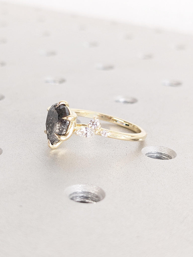 Pear Cut Salt and Pepper Diamond Ring, Leaf Twig Engagement Ring, 14k Yellow Gold Nature Inspired Ring, Round, Marquise Diamond Cluster Ring