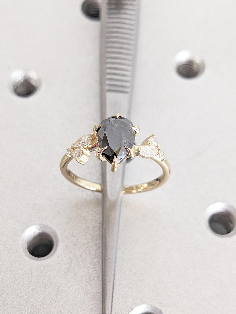 Pear Cut Salt and Pepper Diamond Ring, Leaf Twig Engagement Ring, 14k Yellow Gold Nature Inspired Ring, Round, Marquise Diamond Cluster Ring