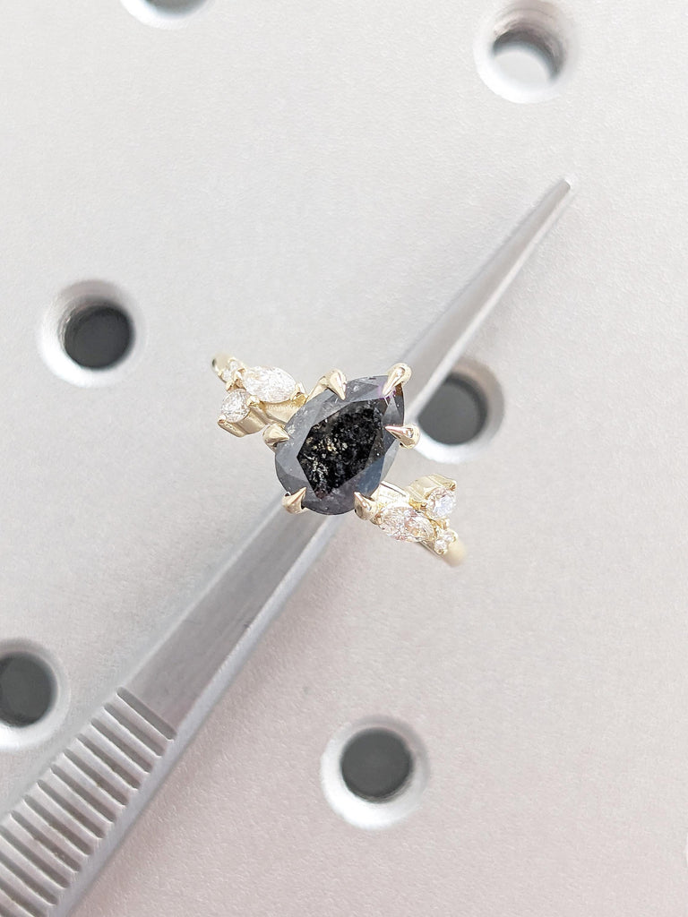 Pear Cut Salt and Pepper Diamond Ring, Leaf Twig Engagement Ring, 14k Yellow Gold Nature Inspired Ring, Round, Marquise Diamond Cluster Ring
