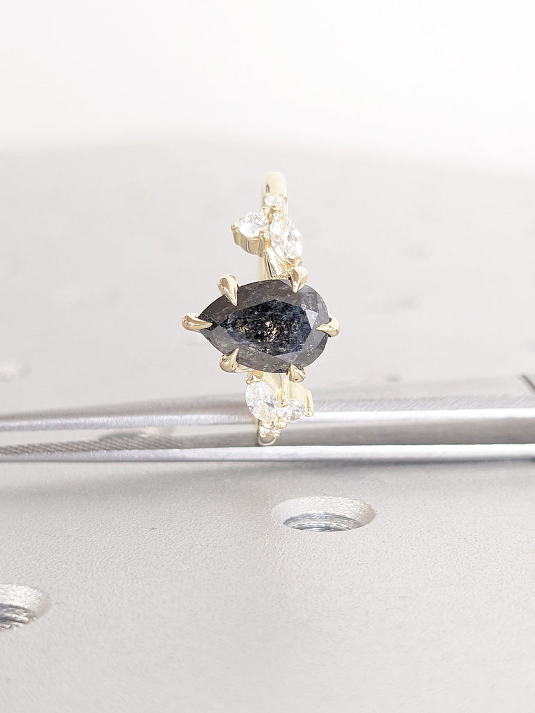 Pear Cut Salt and Pepper Diamond Ring, Leaf Twig Engagement Ring, 14k Yellow Gold Nature Inspired Ring, Round, Marquise Diamond Cluster Ring