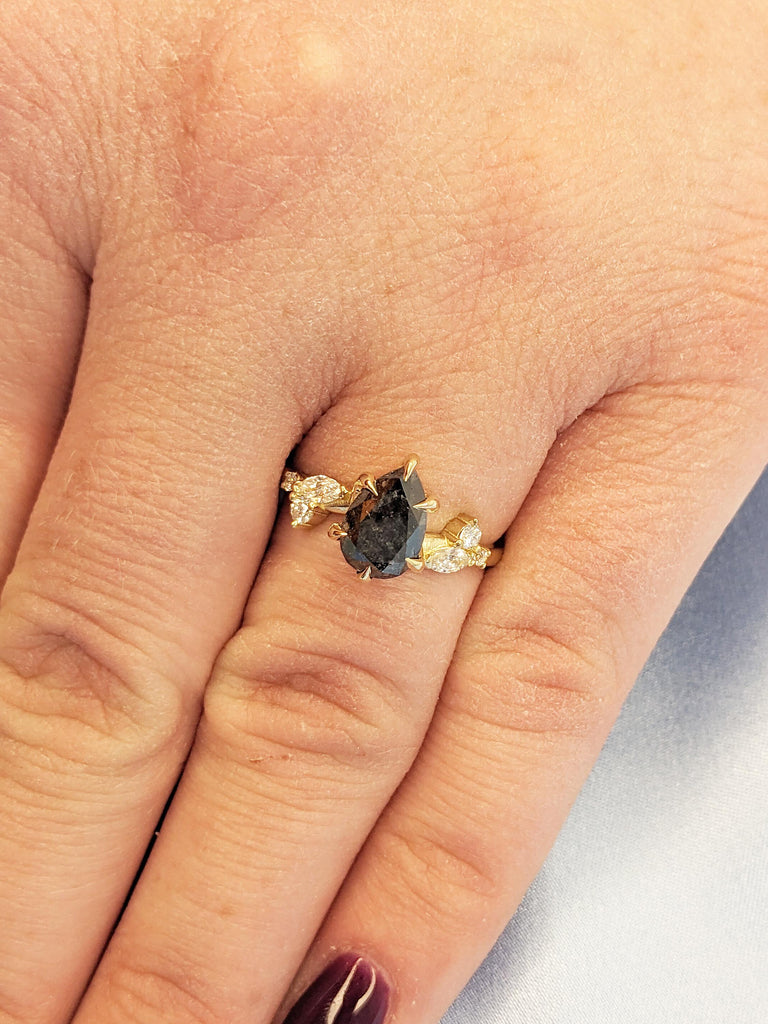 Pear Cut Salt and Pepper Diamond Ring, Leaf Twig Engagement Ring, 14k Yellow Gold Nature Inspired Ring, Round, Marquise Diamond Cluster Ring