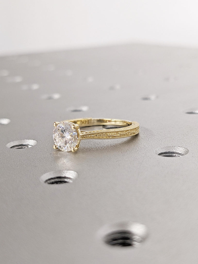 Milgrain 14k Solid Gold Women Wedding Band | Round Cut Filigree Moissanite Ring | Solitaire Promise Ring | Wedding Anniversary Gift for Wife