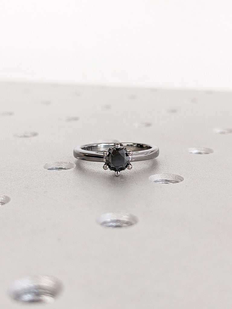 Round Cut Black Diamond Ring, Dainty 14k Black Gold Wedding Band, Solitaire Engagement Rings for Women, Promise Ring for Her, Gift for Wife