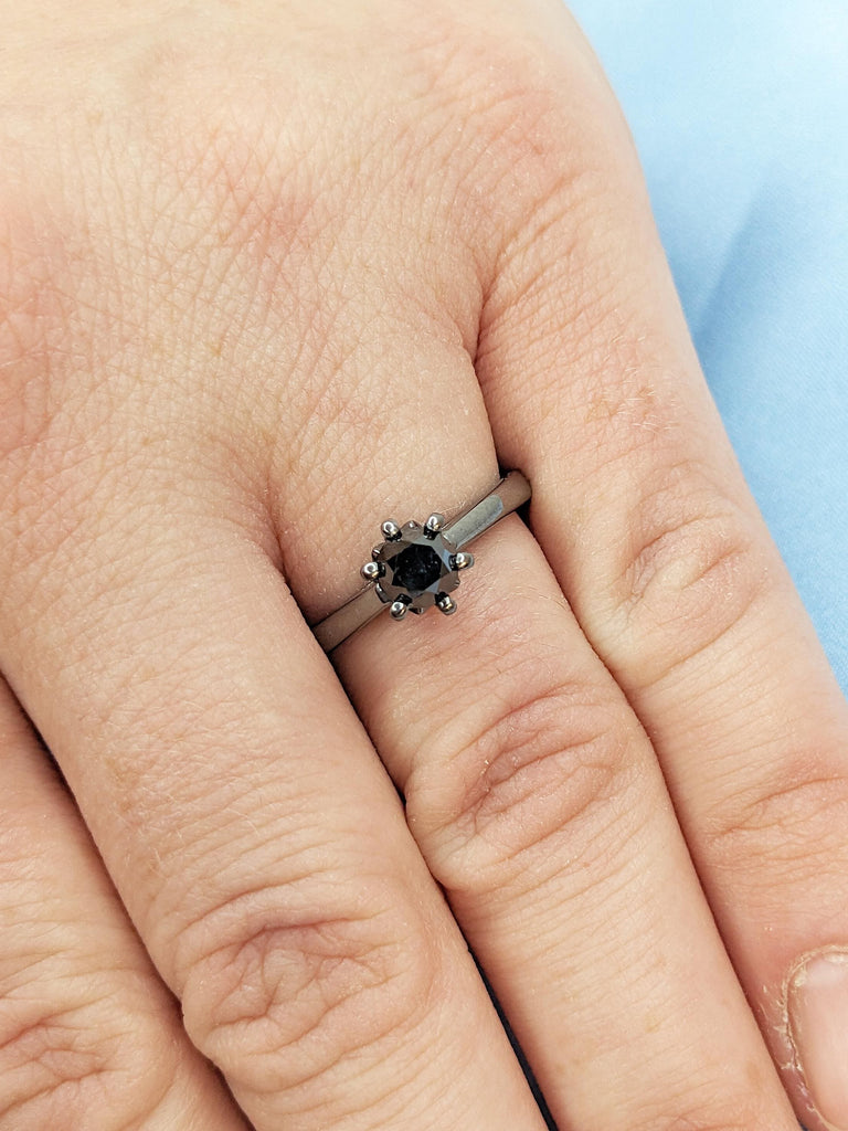 14k Black Gold Wedding Rings for Women | Vintage Round Black Diamond Ring | Hidden Diamond Anniversary Ring | Minimalist Ring | Gift for Her