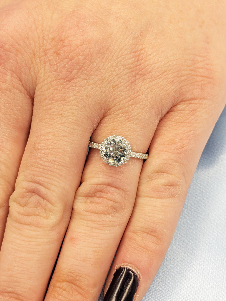 Vintage Lab Aquamarine Ring, Half Eternity 14k White Gold Comfort Fit Rings, Unique Moissanite or Diamond Halo Wedding Ring, Gift for Wife