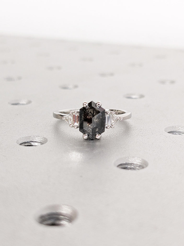 Unique Platinum Promise Ring for Her | Vintage Salt and Pepper Diamond Ring | Hexagon Baguette Trillion Cut Ring | Art Deco Anniversary Ring
