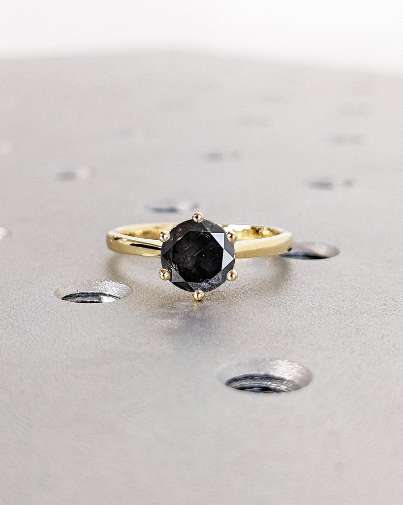 Salt and Pepper Diamond Solitaire Cathedral Ring / Round Diamond Ring / Dainty 14k Yellow Gold Promise Ring / Statement Bridal Gift for Wife
