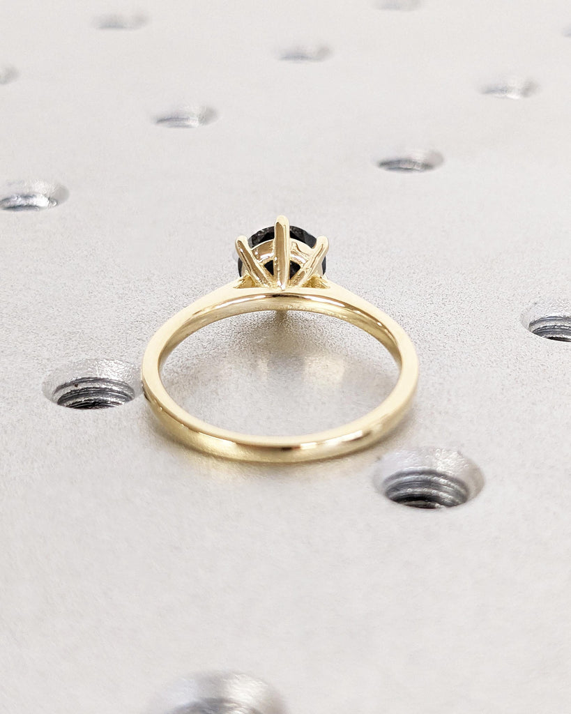 Round Cut Cathedral Engagement Ring, Galaxy Salt and Pepper Diamond Solitaire Engagement Ring, Dainty 14k Yellow Gold Promise Ring for Wife