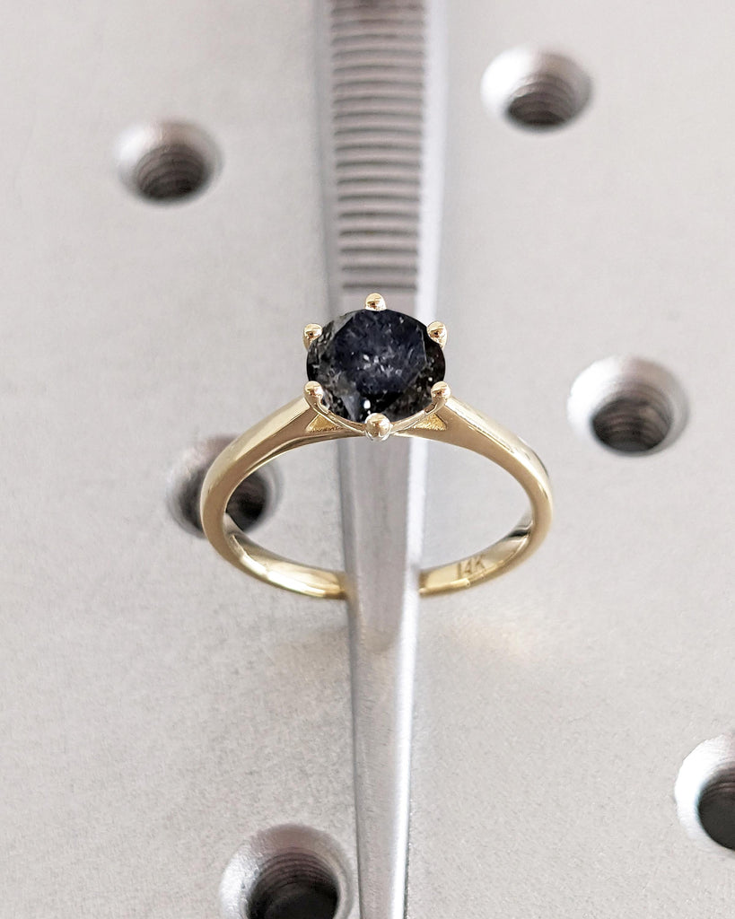 Round Cut Cathedral Engagement Ring, Galaxy Salt and Pepper Diamond Solitaire Engagement Ring, Dainty 14k Yellow Gold Promise Ring for Wife