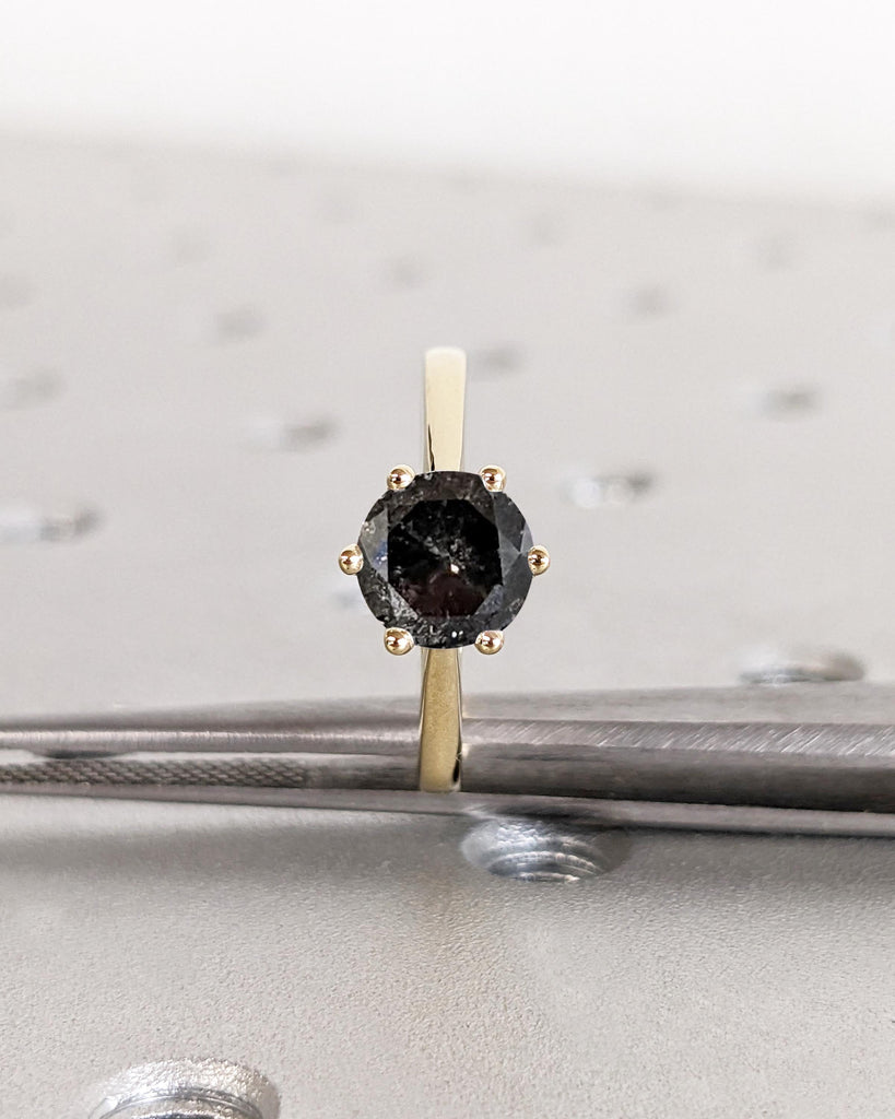 Salt and Pepper Diamond Solitaire Cathedral Ring / Round Diamond Ring / Dainty 14k Yellow Gold Promise Ring / Statement Bridal Gift for Wife