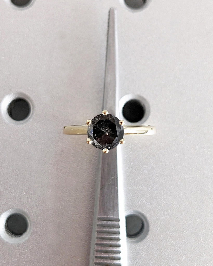 Round Cut Cathedral Engagement Ring, Galaxy Salt and Pepper Diamond Solitaire Engagement Ring, Dainty 14k Yellow Gold Promise Ring for Wife