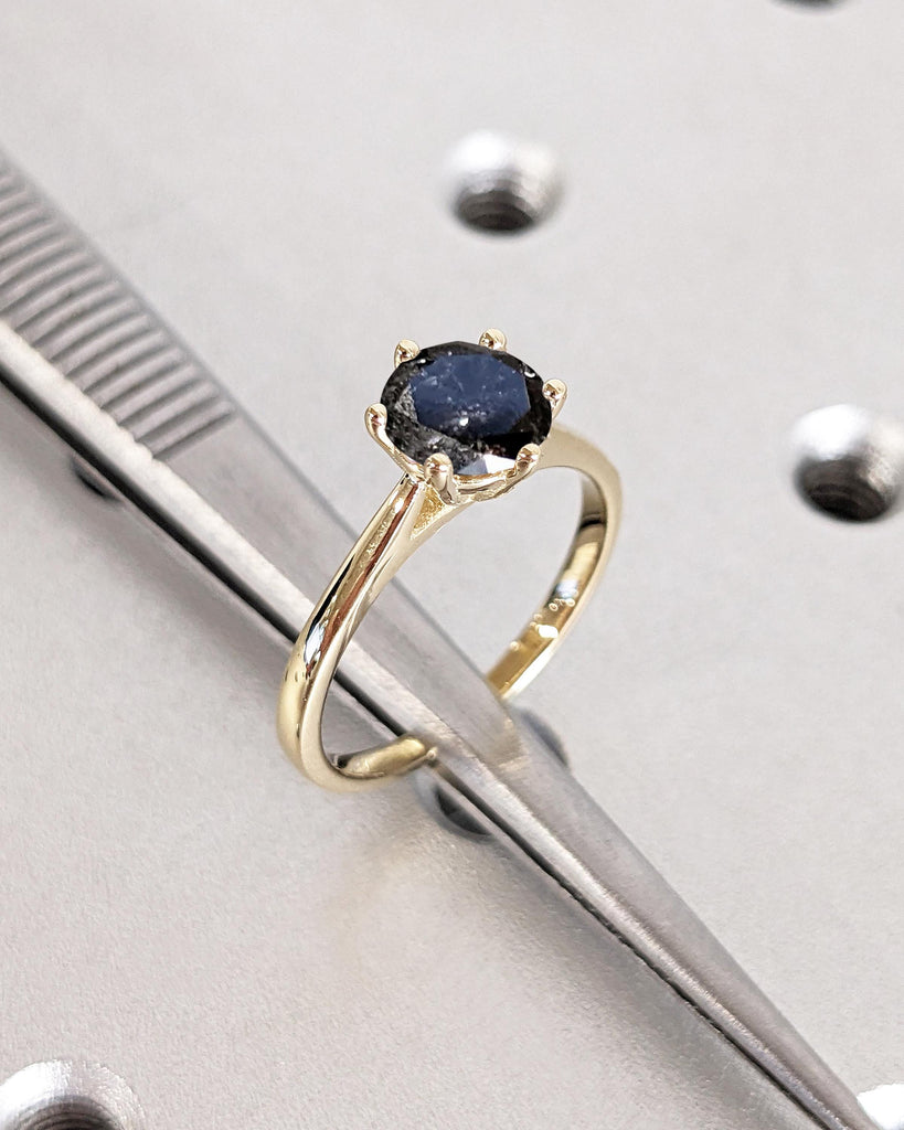 Round Cut Cathedral Engagement Ring, Galaxy Salt and Pepper Diamond Solitaire Engagement Ring, Dainty 14k Yellow Gold Promise Ring for Wife