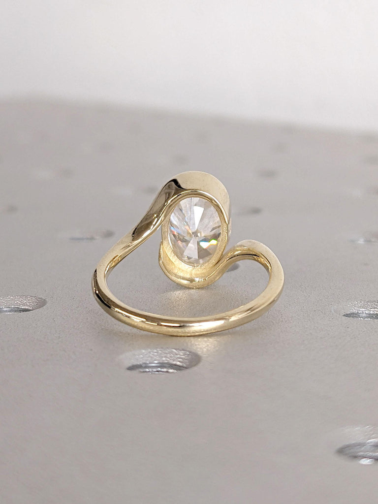 Unique Oval Lab Grown Diamond Engagement Ring | 14k 18k Yellow Gold Bypass Engagement Ring | Solitaire Diamond Ring for Women Bezel Set Ring