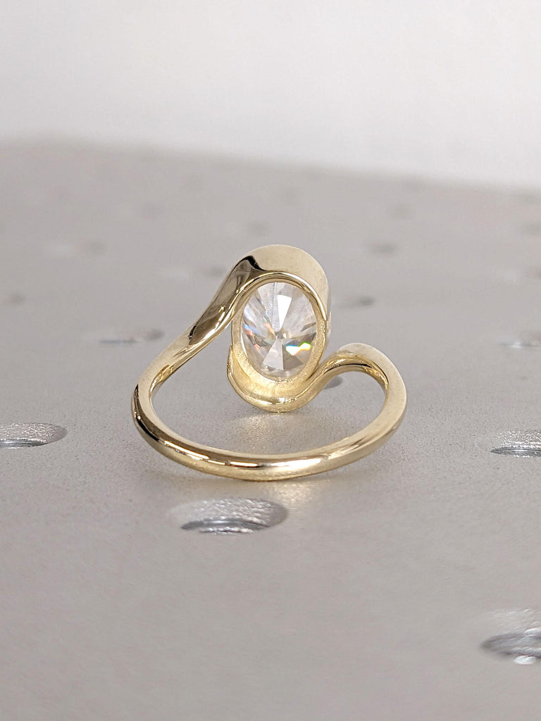 2 Carat Oval Moissanite Engagement Ring | 14k 18k Yellow Gold Bypass Engagement Ring | Solitaire Diamond Ring for Women | Bezel Set Ring