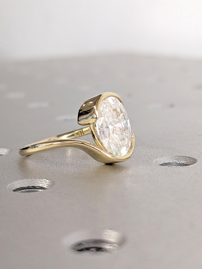 Oval Moissanite Engagement Ring | 14k Gold Bypass Ring | Bezel Set Moissanite Ring | Solitaire Statement Ring | Anniversary Rings for Women
