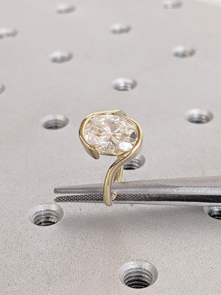 2 Carat Oval Moissanite Engagement Ring | 14k 18k Yellow Gold Bypass Engagement Ring | Solitaire Diamond Ring for Women | Bezel Set Ring