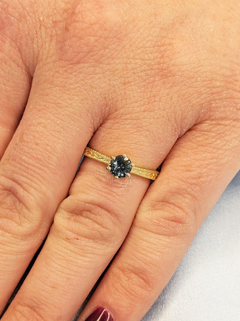 Filigree 14k Solid Gold Ring, Blue Green Sapphire Ring, Anniversary Ring, Milgrain Minimalist Ring, Vintage Gemstone Ring, Sapphire Jewelry