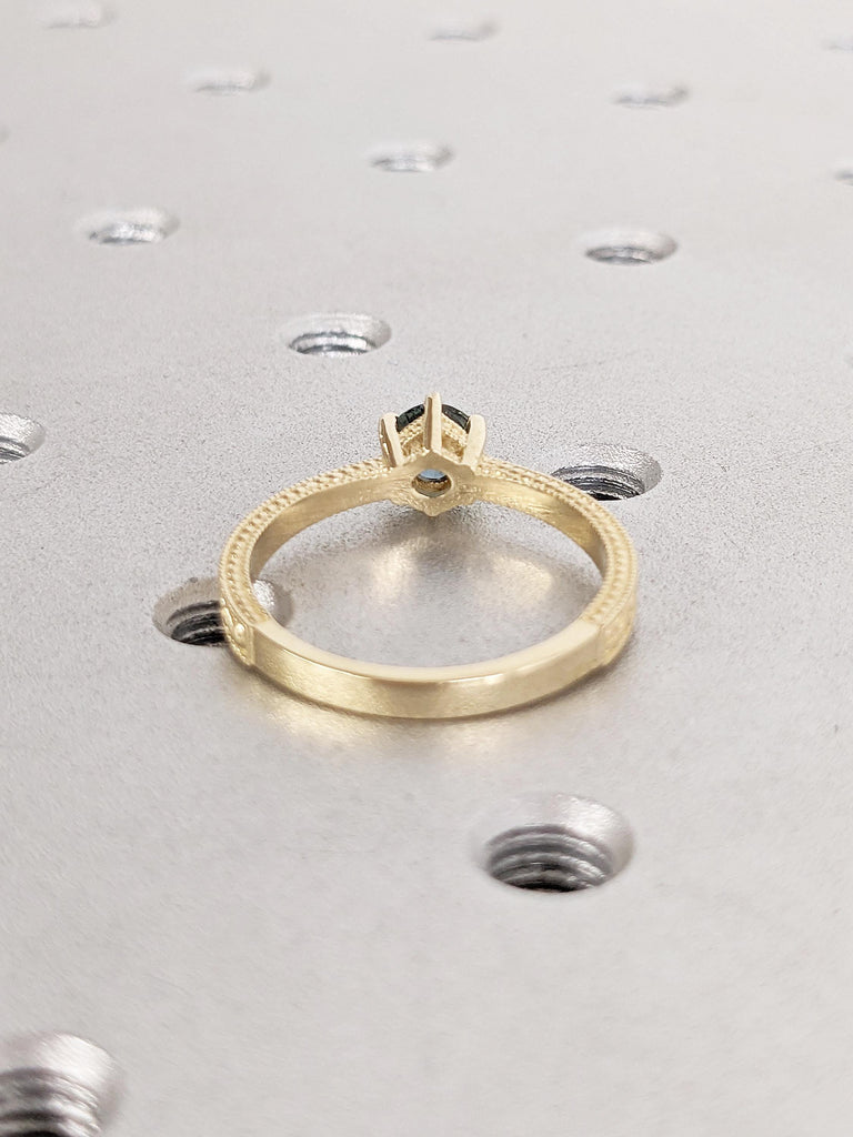 Filigree 14k Solid Gold Ring, Blue Green Sapphire Ring, Anniversary Ring, Milgrain Minimalist Ring, Vintage Gemstone Ring, Sapphire Jewelry