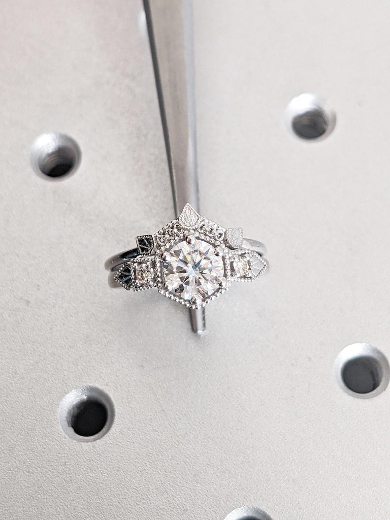 Unique Lab Grown Diamond Promise Ring Set | 14K White Gold Women Wedding Band Set | Art Deco Diamond Ring | Vintage Milgrain Stackable Ring
