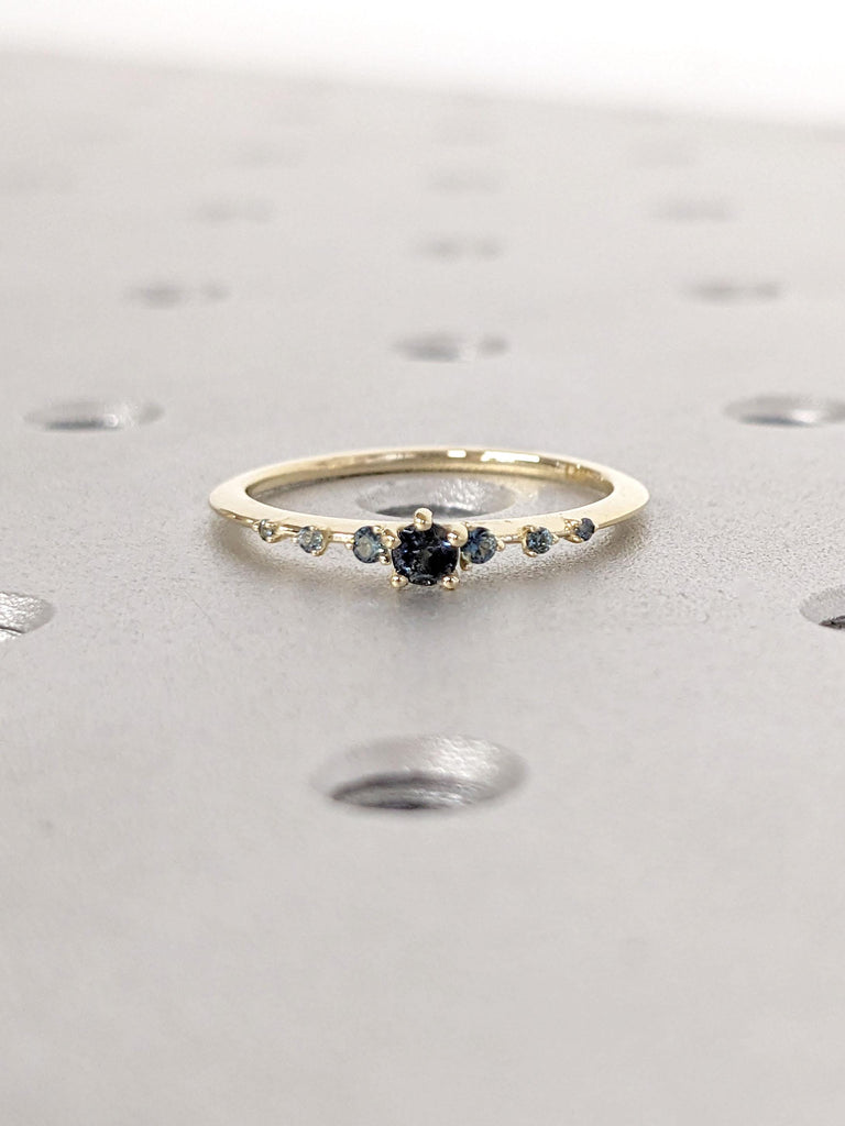 Round Natural Blue Green Sapphire Promise Anniversary Ring | Tiny Sapphire Ring | Solid Yellow Gold Wedding Ring | Gift for Her