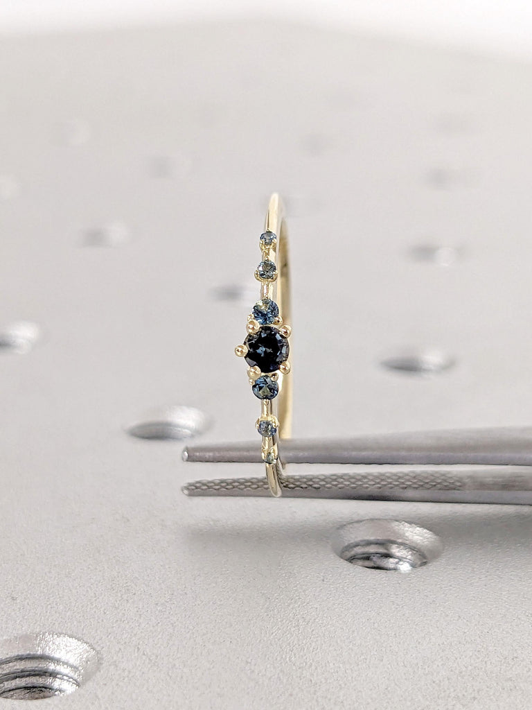 Sapphire Cluster Engagement Ring | 14k Yellow Gold Blue Green Sapphire Cluster Ring | Teal Sapphire Wedding Anniversary Ring for Wife