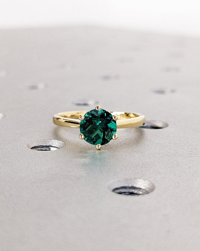 Round Cut Lab Created Emerald Engagement Ring, Solitaire Cathedral Set Ring, 14K Gold Promise Ring, Statement Rings for Women, Gift for Wife
