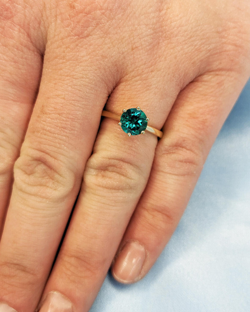 Round Cut Lab Created Emerald Engagement Ring, Solitaire Cathedral Set Ring, 14K Gold Promise Ring, Statement Rings for Women, Gift for Wife