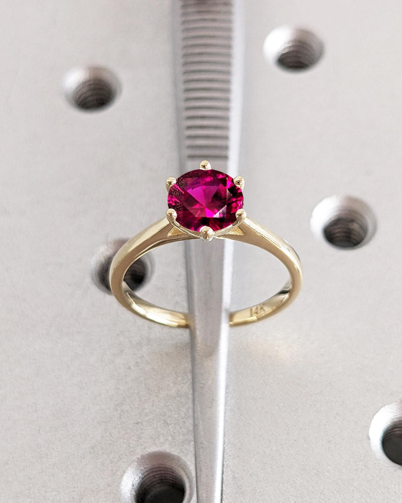 Round Lab Red Ruby Engagement Ring / Solitaire Cathedral Ring / July Birthstone / Dainty 14K Gold Promise Ring / Bridal Ring / Gift for Wife