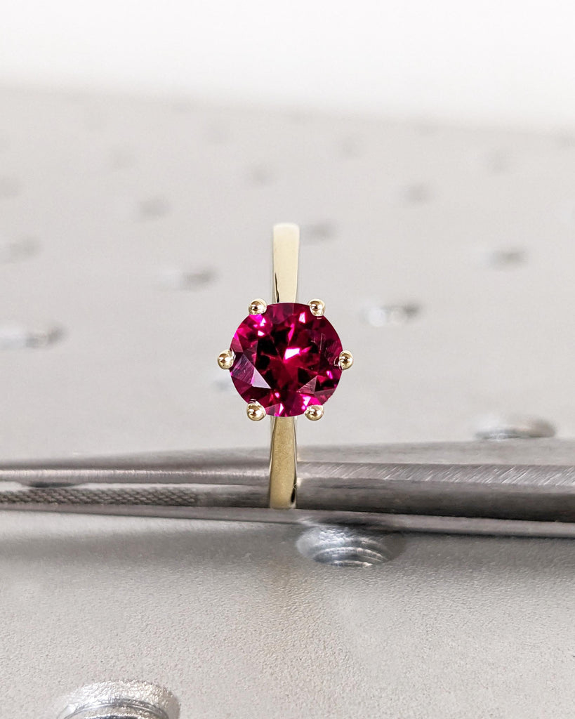 Round Lab Red Ruby Engagement Ring / Solitaire Cathedral Ring / July Birthstone / Dainty 14K Gold Promise Ring / Bridal Ring / Gift for Wife