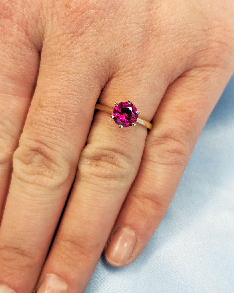 Round Lab Red Ruby Engagement Ring / Solitaire Cathedral Ring / July Birthstone / Dainty 14K Gold Promise Ring / Bridal Ring / Gift for Wife