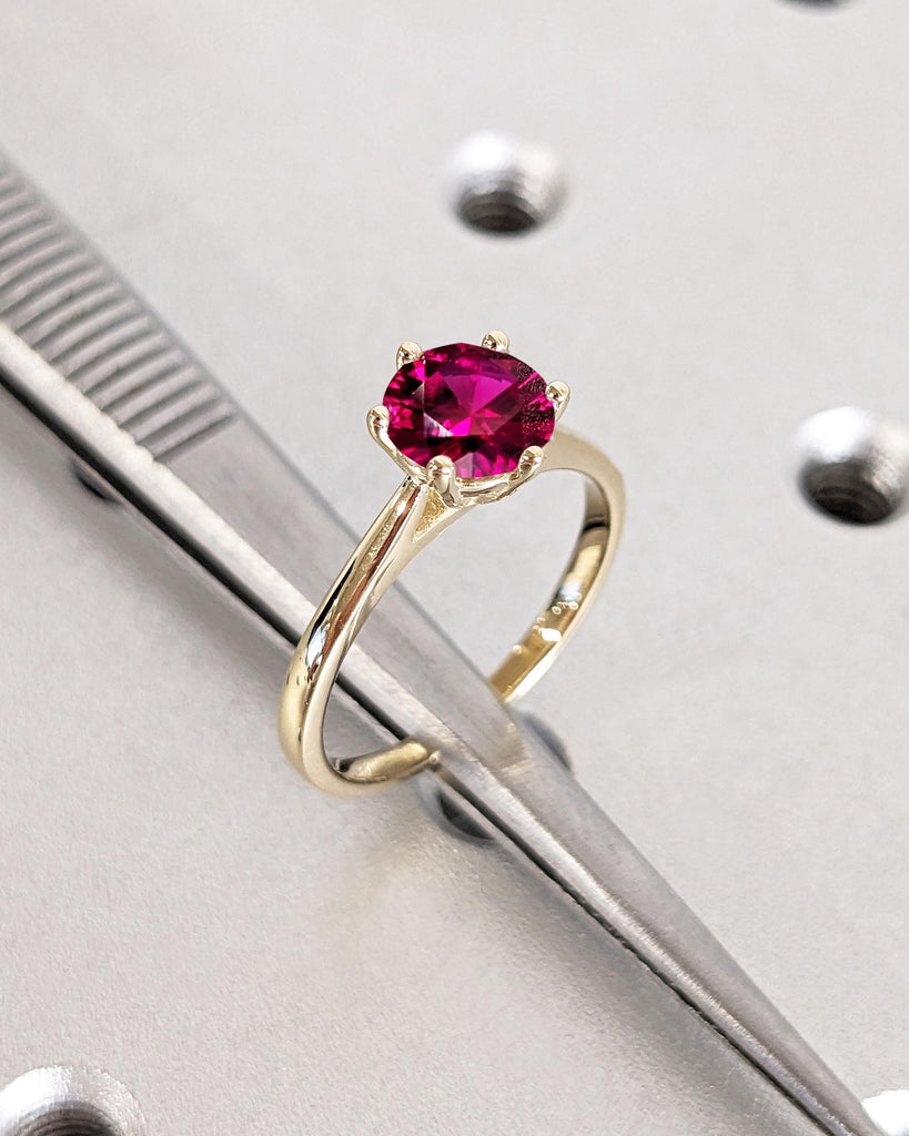 Round Lab Ruby Cathedral Engagement Ring, Red Ruby Engagement Ring, Solitaire Round Cut Ring, Dainty 14K Yellow Gold Promise Ring for Her, Statement Ring for Women, Bridal Gift for Wife