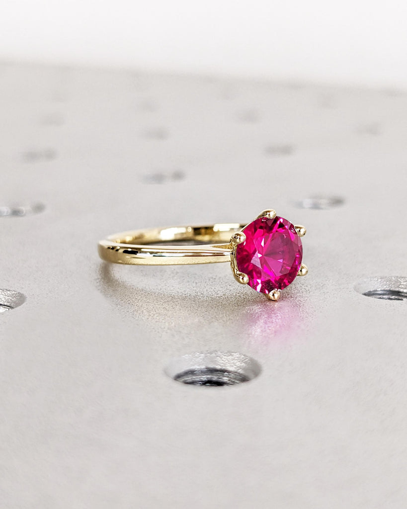 Round Lab Red Ruby Engagement Ring, Solitaire Cathedral Ring, July Birthstone, Dainty 14K Gold Promise Ring, Bridal Ring, Gift for Wife