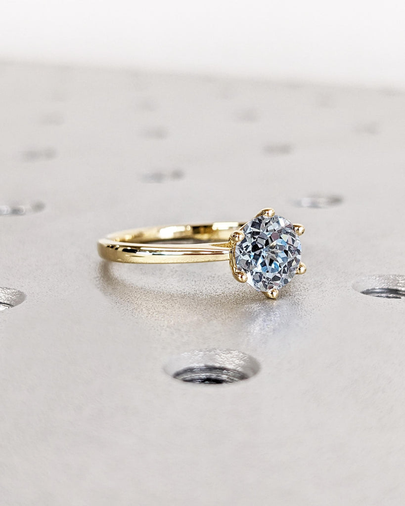 Round Cut Lab Aquamarine Engagement Ring, Light Blue Aquamarine Solitaire Cathedral Setting Ring, Simple Dainty 14K Yellow Gold Promise Ring