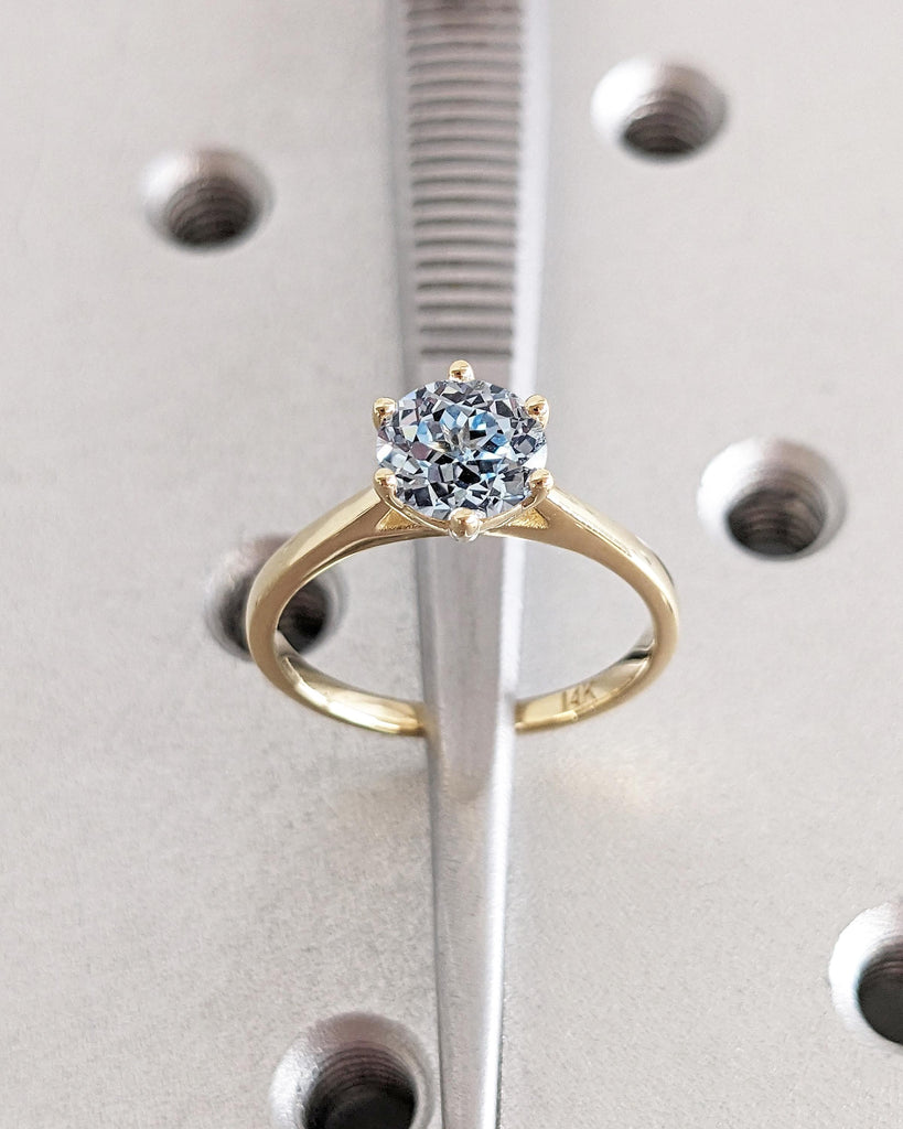 Round Cut Lab Aquamarine Engagement Ring, Light Blue Aquamarine Solitaire Cathedral Setting Ring, Simple Dainty 14K Yellow Gold Promise Ring