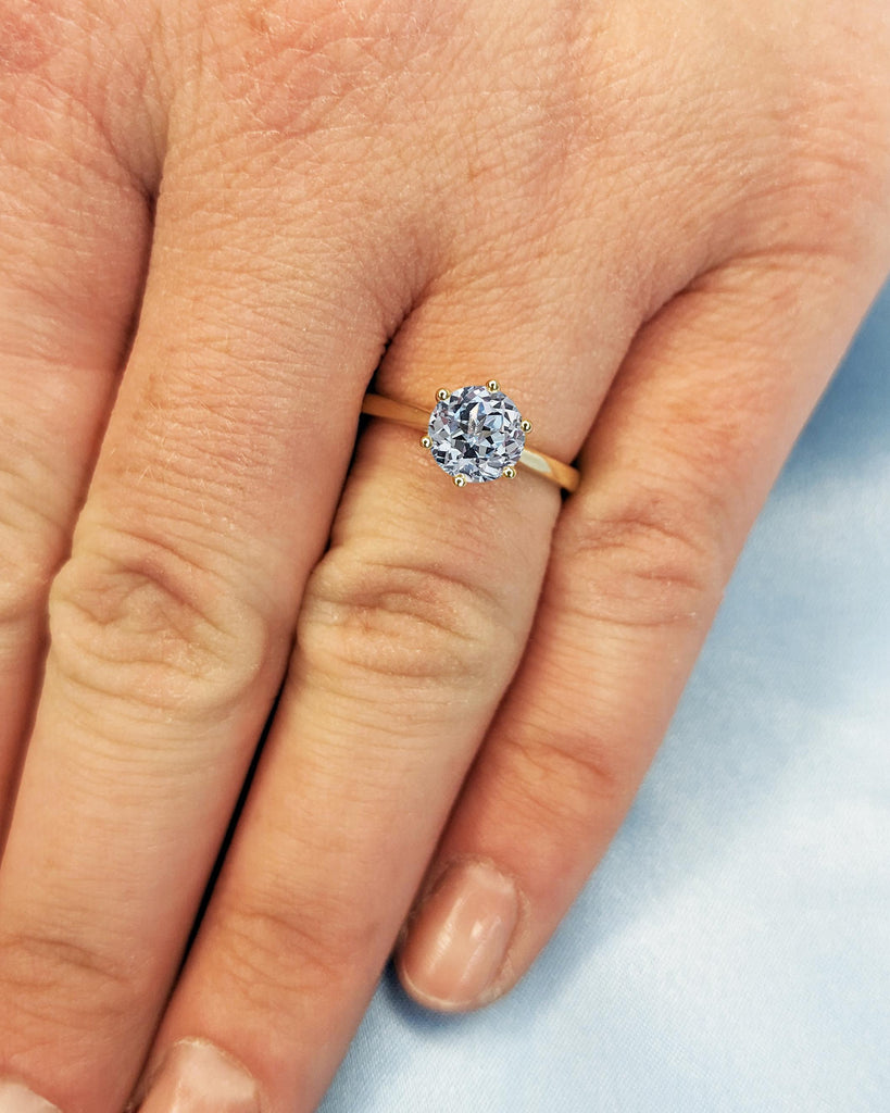 Round Cut Lab Aquamarine Engagement Ring, Light Blue Aquamarine Solitaire Cathedral Setting Ring, Simple Dainty 14K Yellow Gold Promise Ring