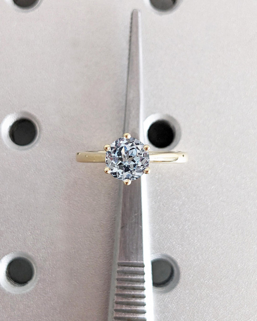 Round Lab Aquamarine Cathedral Engagement Ring, Solitaire Engagement Ring, March Birthstone, Dainty Gold Promise Ring for Her, Gift for Wife