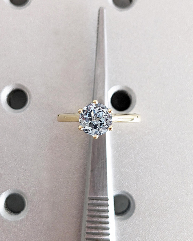 Round Cut Lab Aquamarine Engagement Ring, Light Blue Aquamarine Solitaire Cathedral Setting Ring, Simple Dainty 14K Yellow Gold Promise Ring