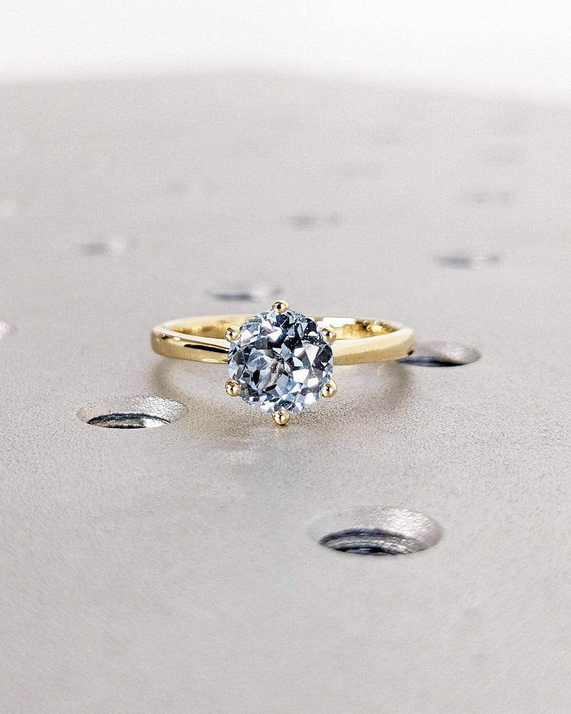 Round Cut Lab Aquamarine Engagement Ring, Light Blue Aquamarine Solitaire Cathedral Setting Ring, Simple Dainty 14K Yellow Gold Promise Ring