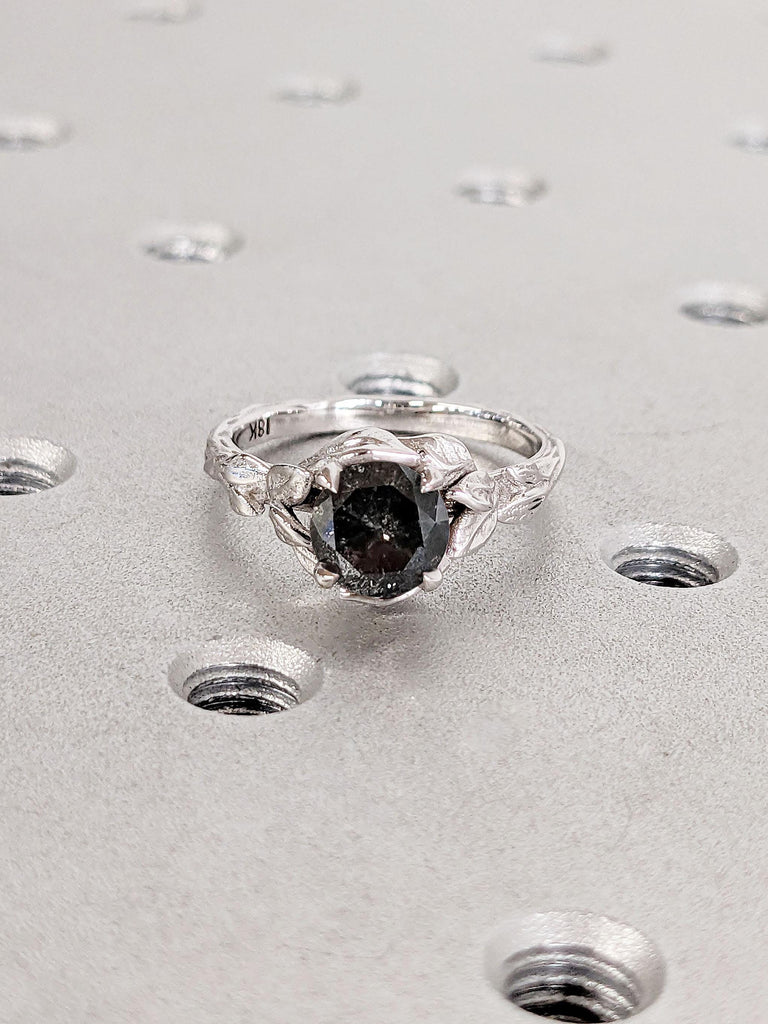 Natural Salt and Pepper Grey Diamond Solitaire Engagement Ring | 1 Carat Engagement Ring | Round Black Diamond Ring | Nature Inspired Diamond Engagement Ring| 14k 18k Gold