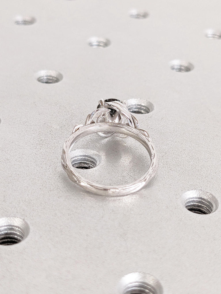 Nature Inspired Promise Anniversary Ring for Her | Salt and Pepper Black Diamond White Gold Ring | Handmade Twigs and Branches Wedding Band