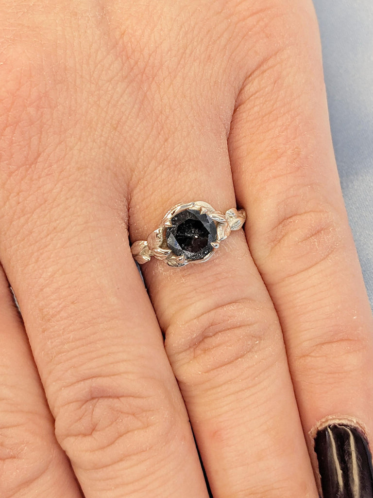 1ct Solitaire Grey Diamond Engagement Ring | Nature Inspired Solid Gold Promise Ring | Leaves Twigs Wedding Band