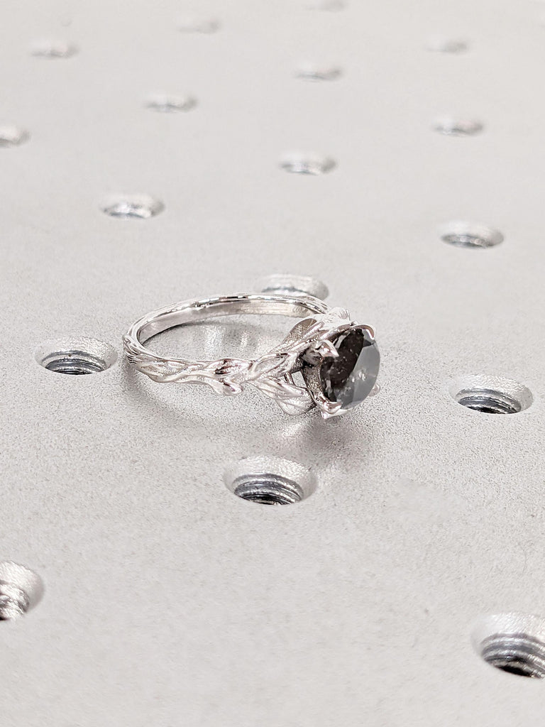 Unique Leaf and Twigs Promise Ring | Rustic Wedding Ring | Woman Bridal Jewelry | Natural Salt and Pepper Black Diamond Ring