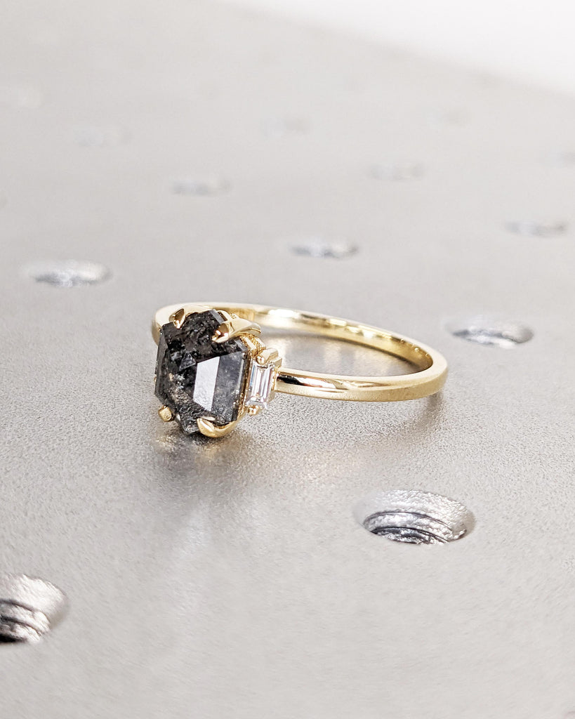 Grey Galaxy Salt & Pepper Diamond Engagement Ring, Hexagon Ring, Baguette Moissanite, Solid Gold Rose Cut Diamond Ring, Unique Proposal Ring