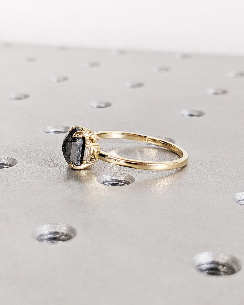 Hexagon Salt & Pepper Diamond Ring, Solid Gold Hexagon Baguette Diamond Engagement Ring, Unique Grey Galaxy Geometric Rose Cut Diamond Ring